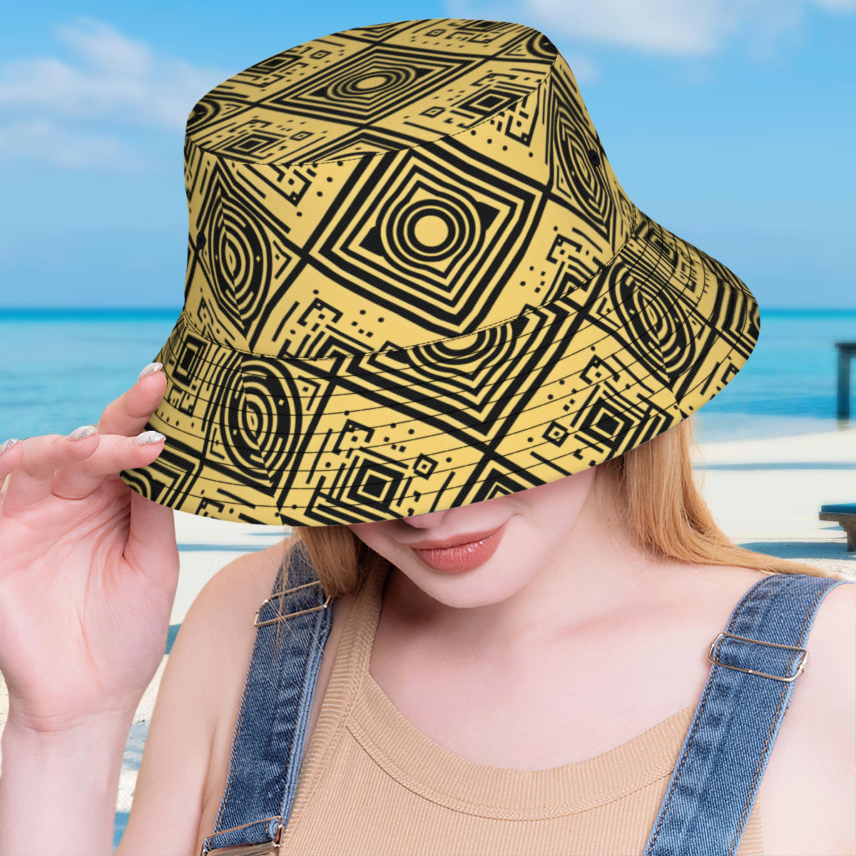 Golden Geometric Shapes Double-Sided Unisex Polyester Bucket Hat