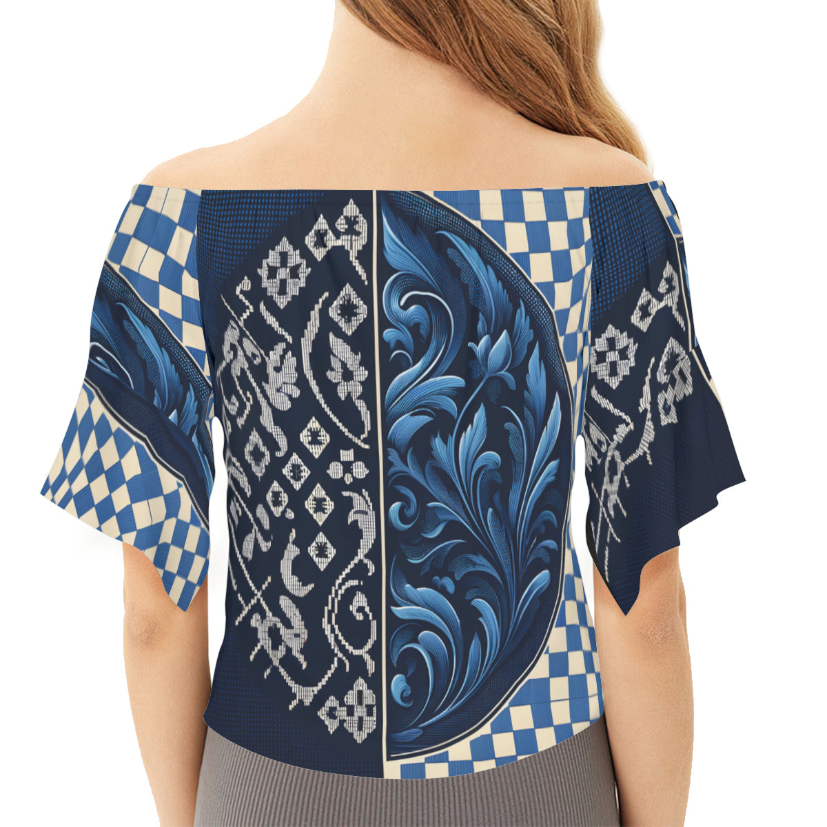 Blue Check One-Shoulder Tie Short Sleeves