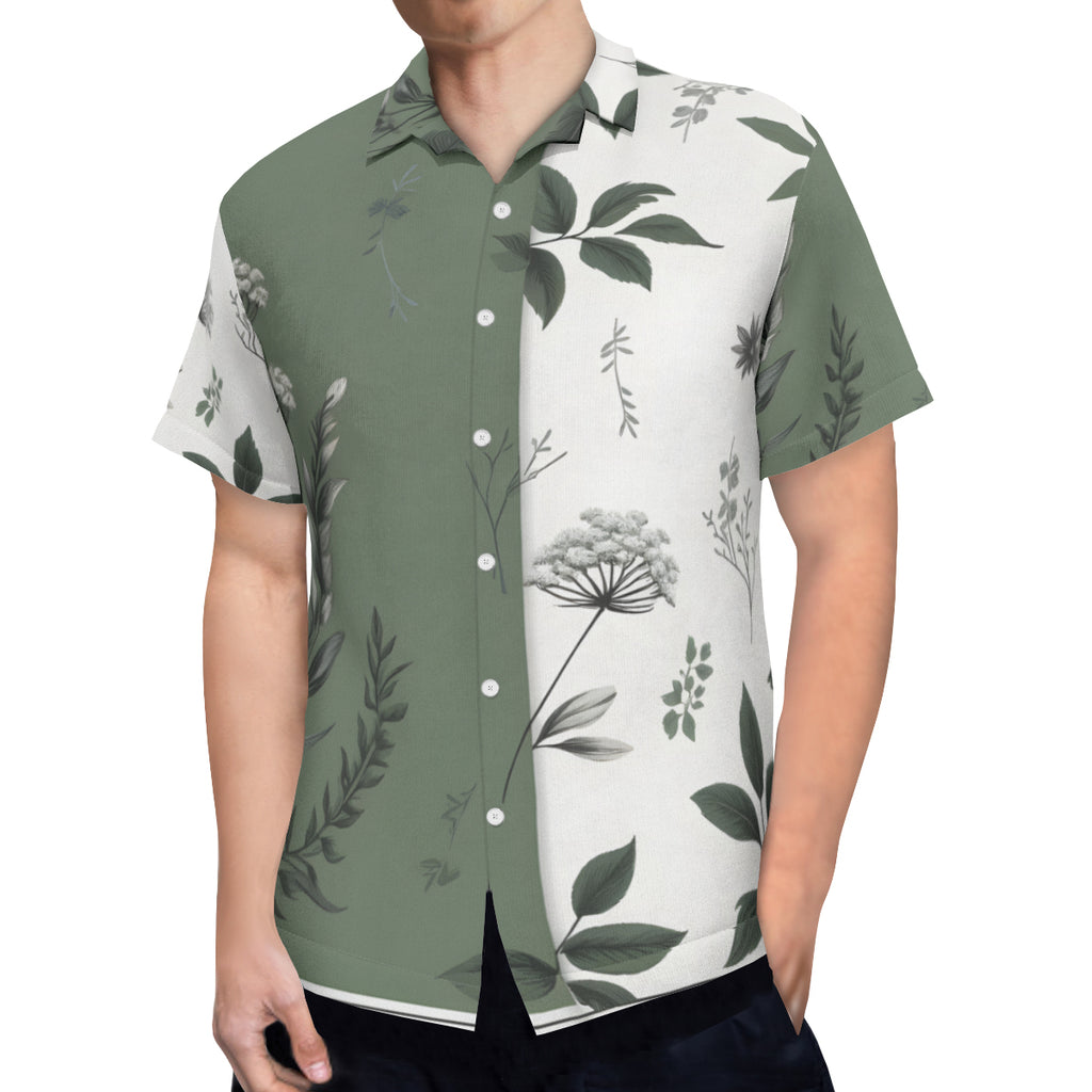 Olive Green Botanical Short Sleeves Men's Shirt