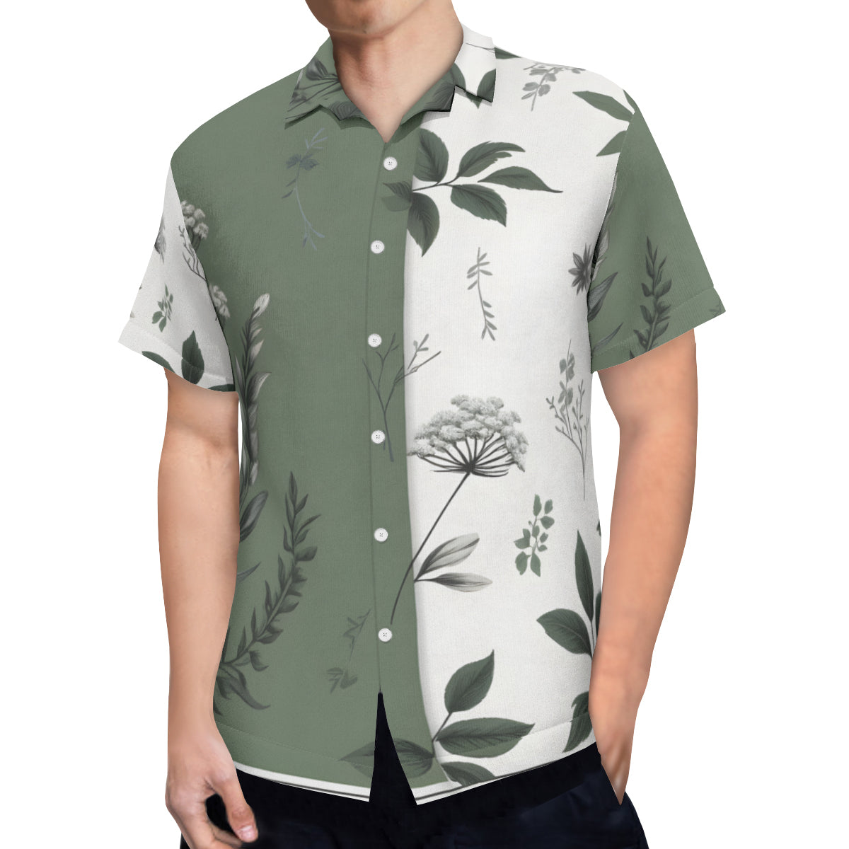 Olive Green Botanical Short Sleeves Men's Shirt