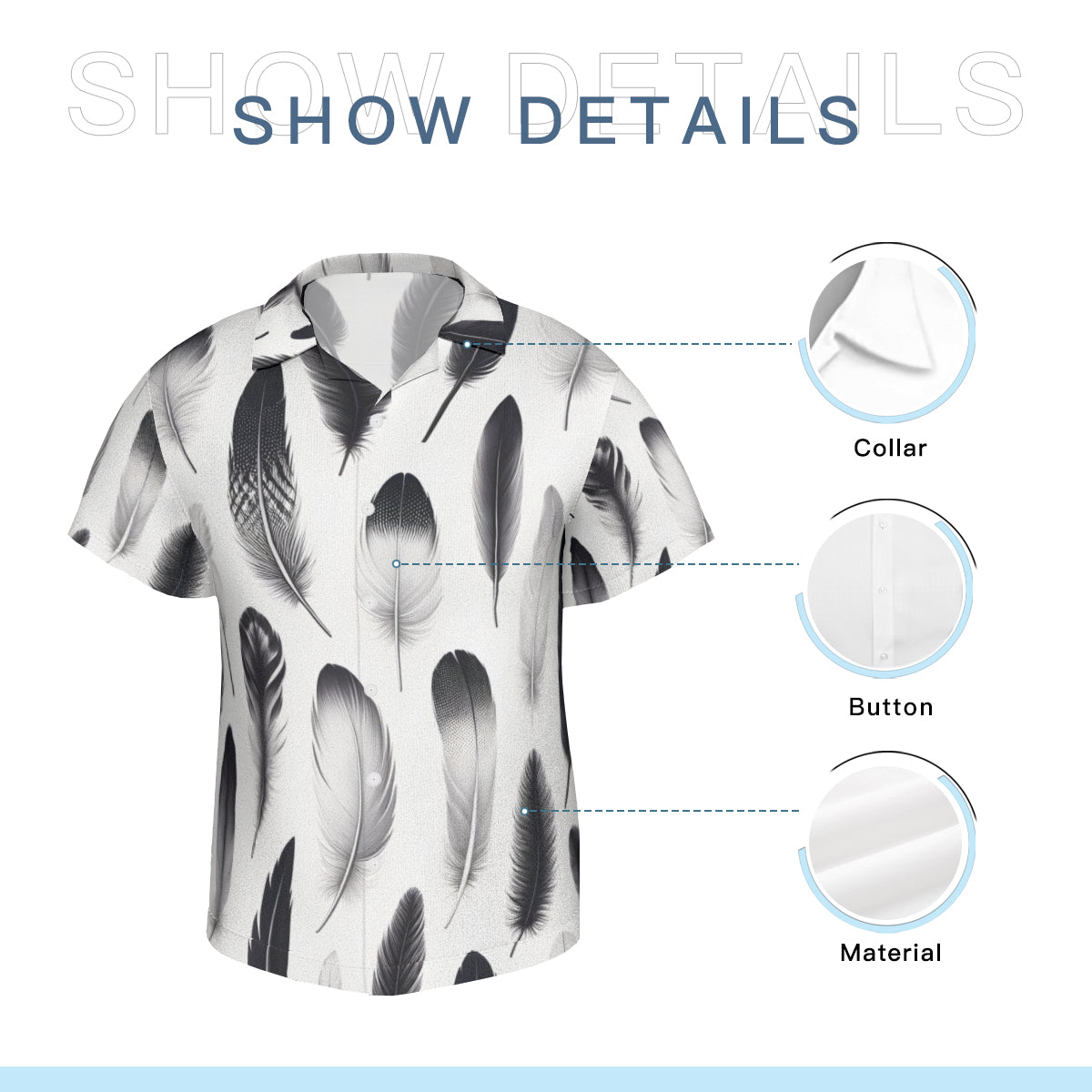 Black And White Feather Short Sleeves Men's Shirt