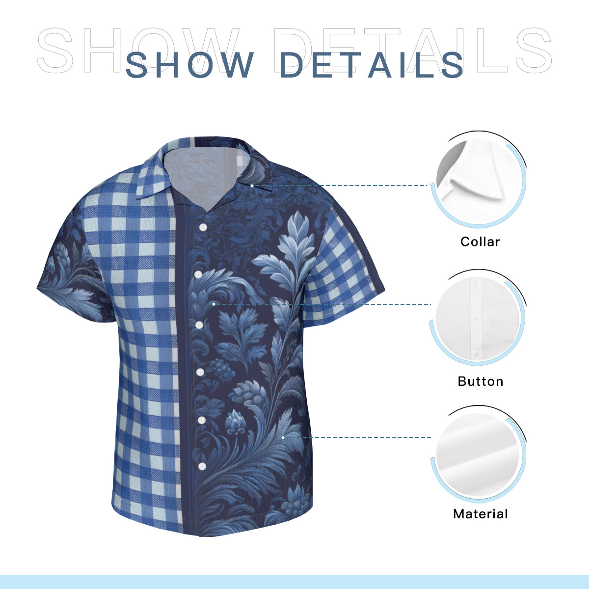Blue Check Floral Short Sleeves Men's Shirt