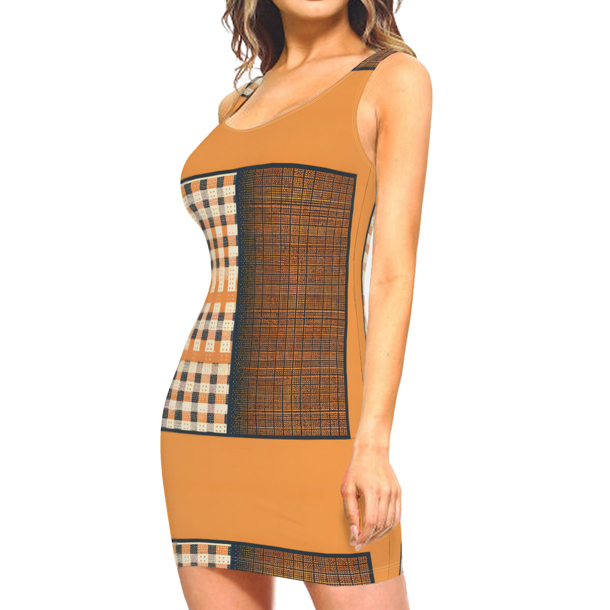 Orange Check Sleeveless Slim-Fit Euro-Size Tank Slip Dress | Polyester