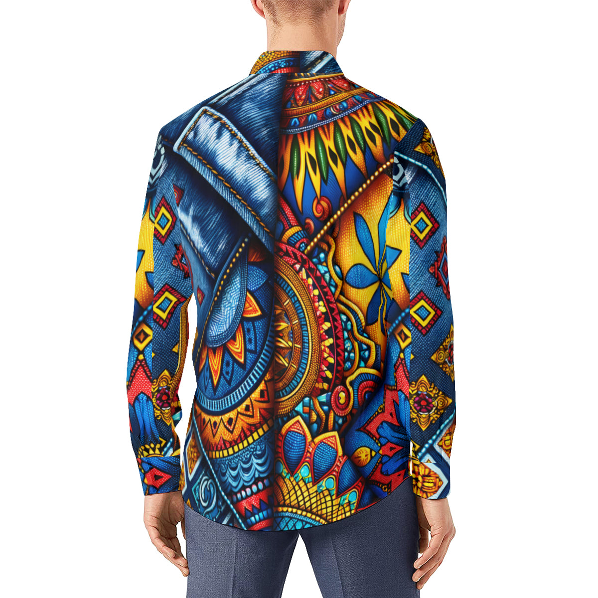 Denim And African Design Long Sleeves Men's Shirt
