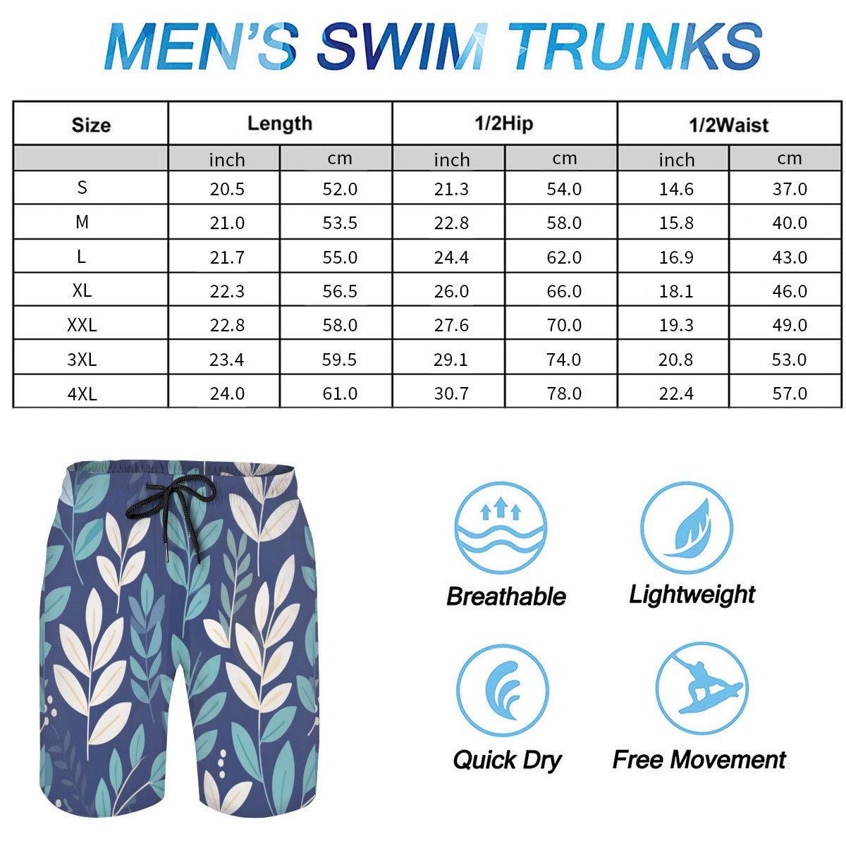 Blue Leaves Men's Beach Shorts (Not Mesh Lined) | Polyester
