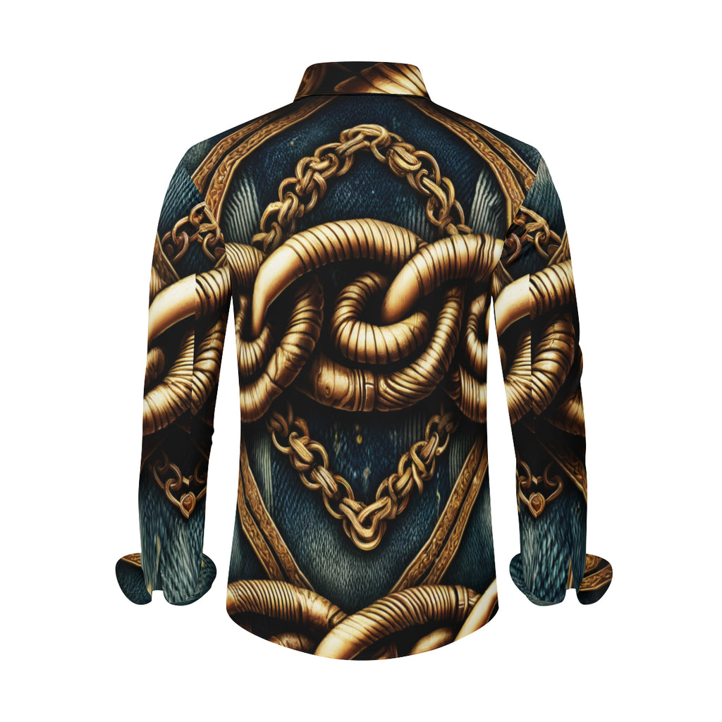 Textured Denim With Rusty Gold Chains Design Long Short Sleeves Men's Shirt