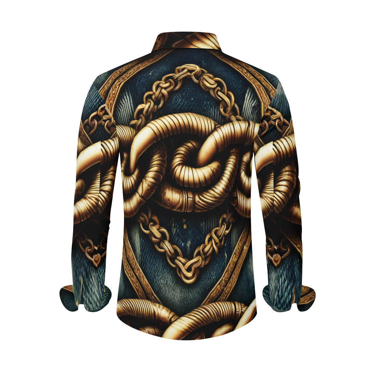 Textured Denim With Rusty Gold Chains Design Long Short Sleeves Men's Shirt
