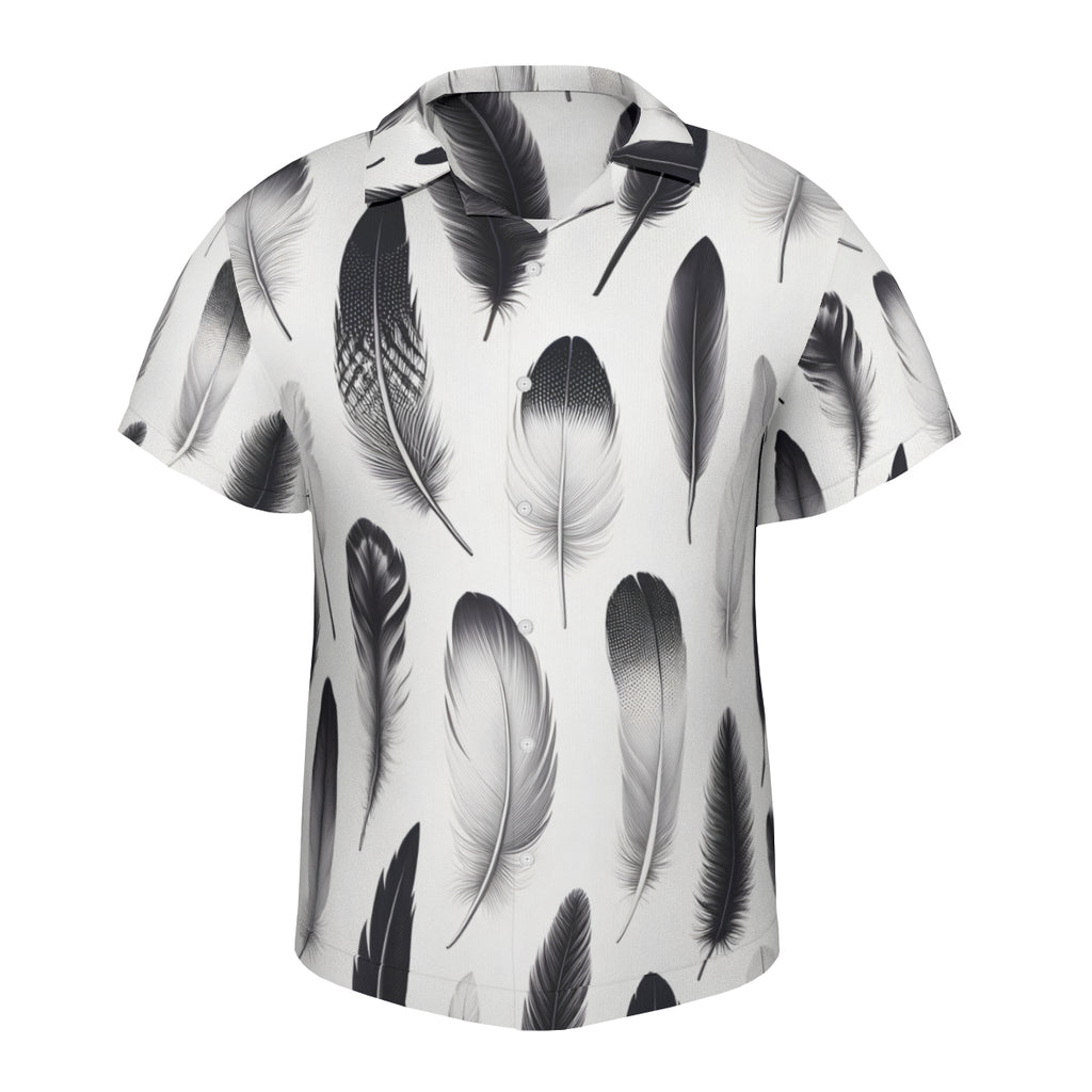 Black And White Feather Short Sleeves Men's Shirt