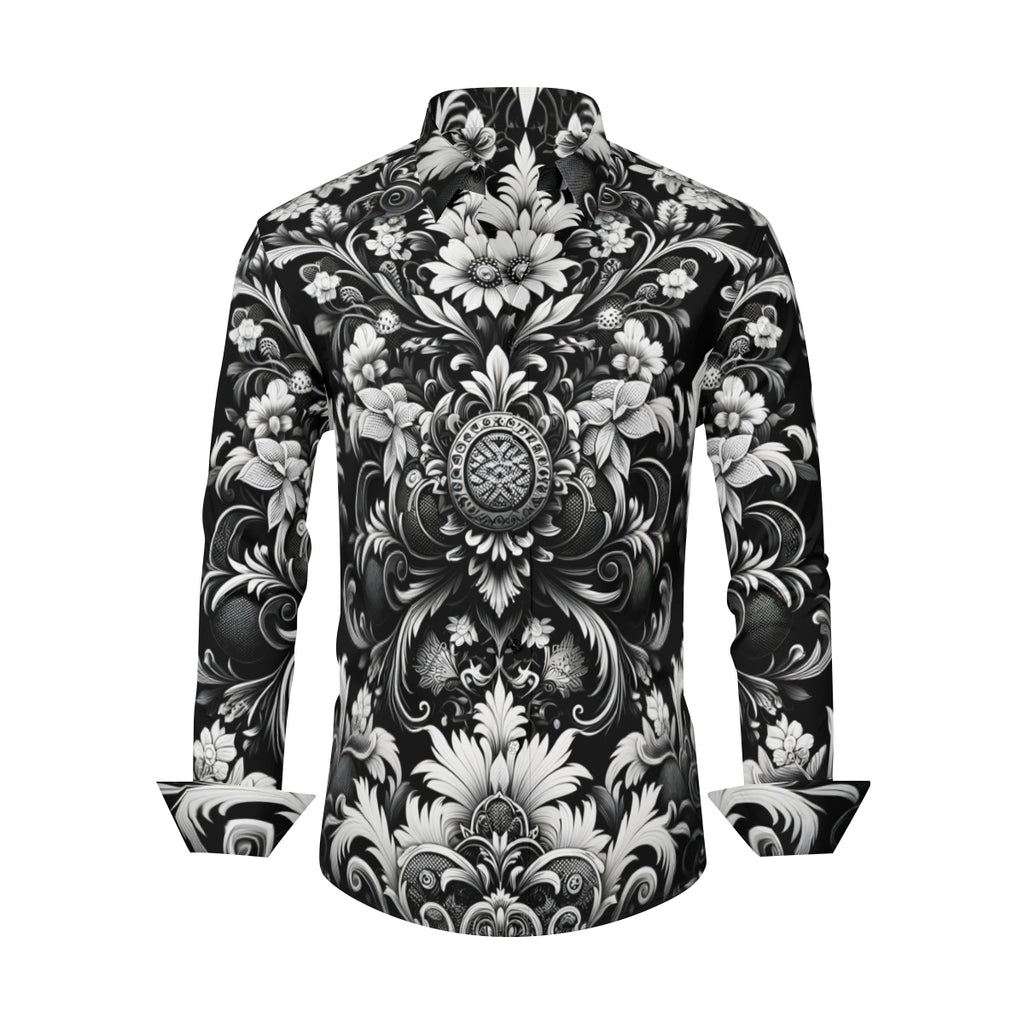 Black And White Floral Long Sleeves Men's Shirt