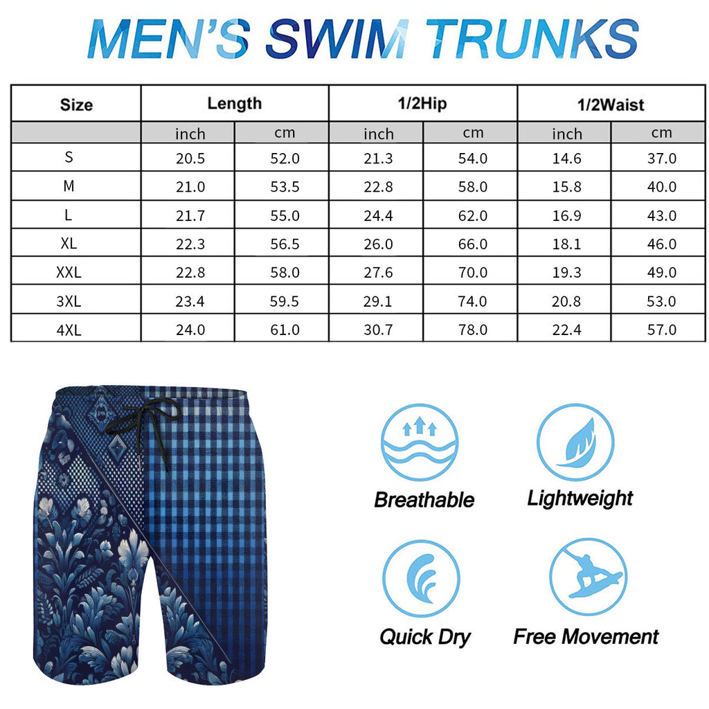 Blue Floral Check Men's Beach Shorts (Not Mesh Lined) | Polyester