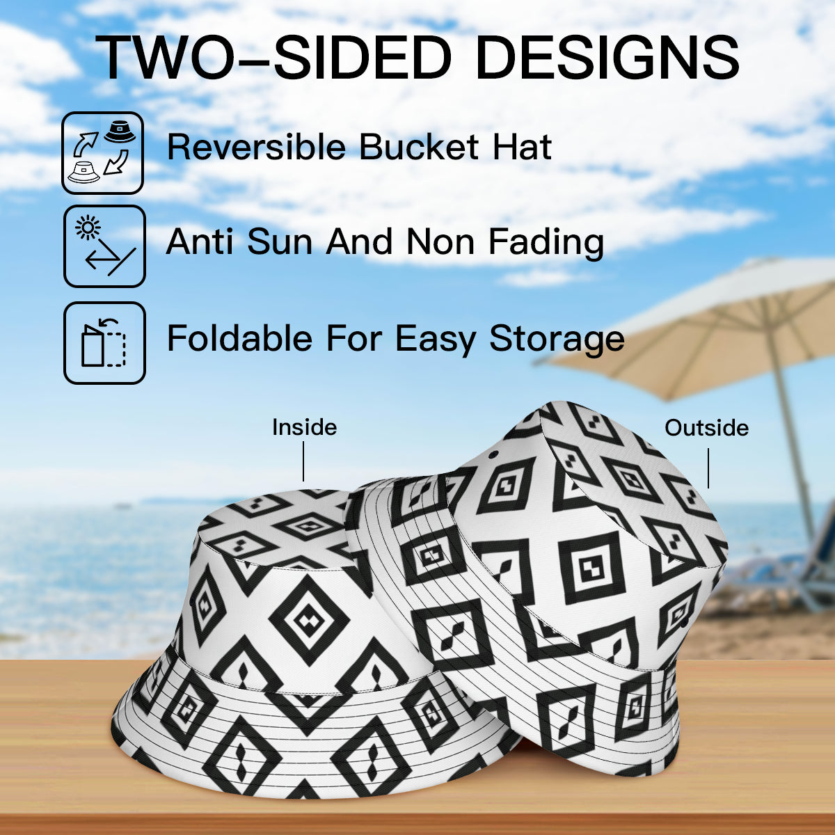 Black And White Double-Sided Unisex Polyester Bucket Hat