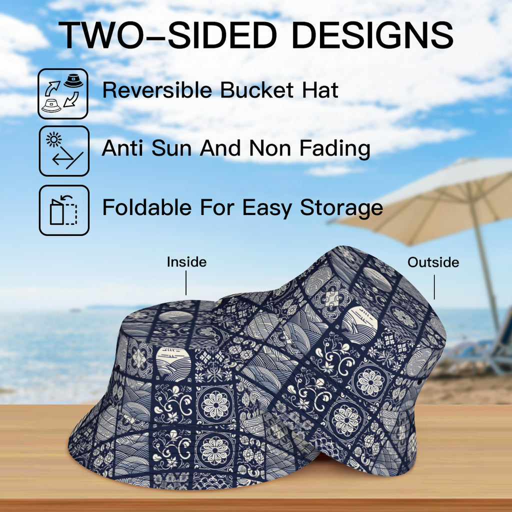 Navy Blue Geometric Shapes Double-Sided Unisex Polyester Bucket Hat