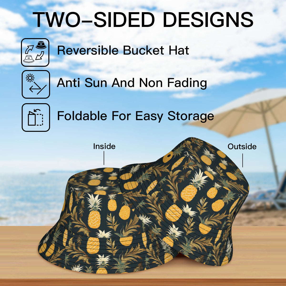 Golden Pineapple Double-Sided Unisex Polyester Bucket Hat