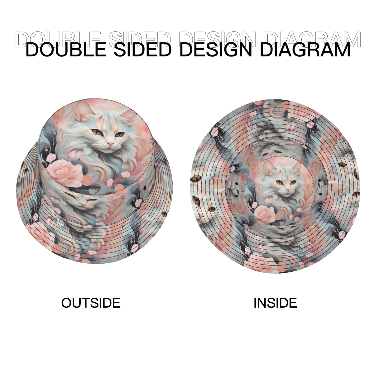 Cute Cat Double-Sided Unisex Polyester Bucket Hat