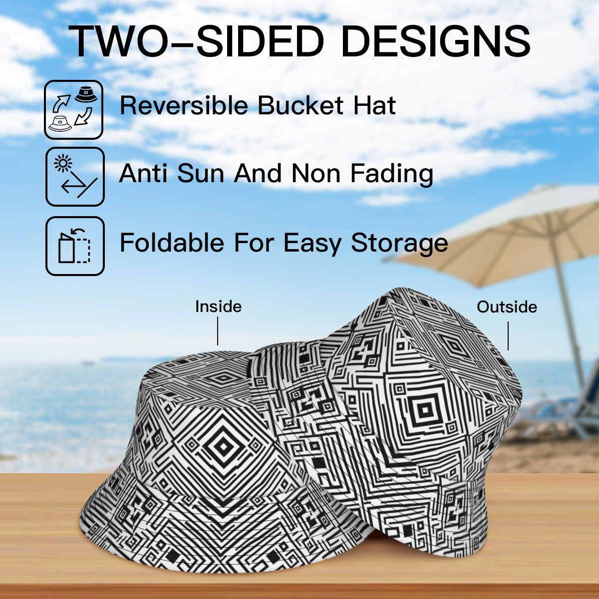 Black And White Double-Sided Unisex Polyester Bucket Hat