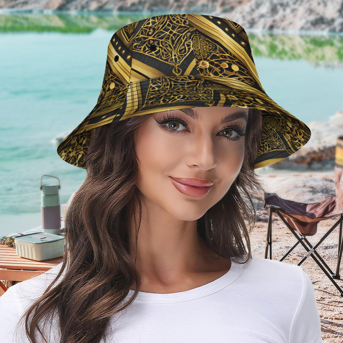 Abstract Gold Black Double-Sided Unisex Polyester Bucket Hat