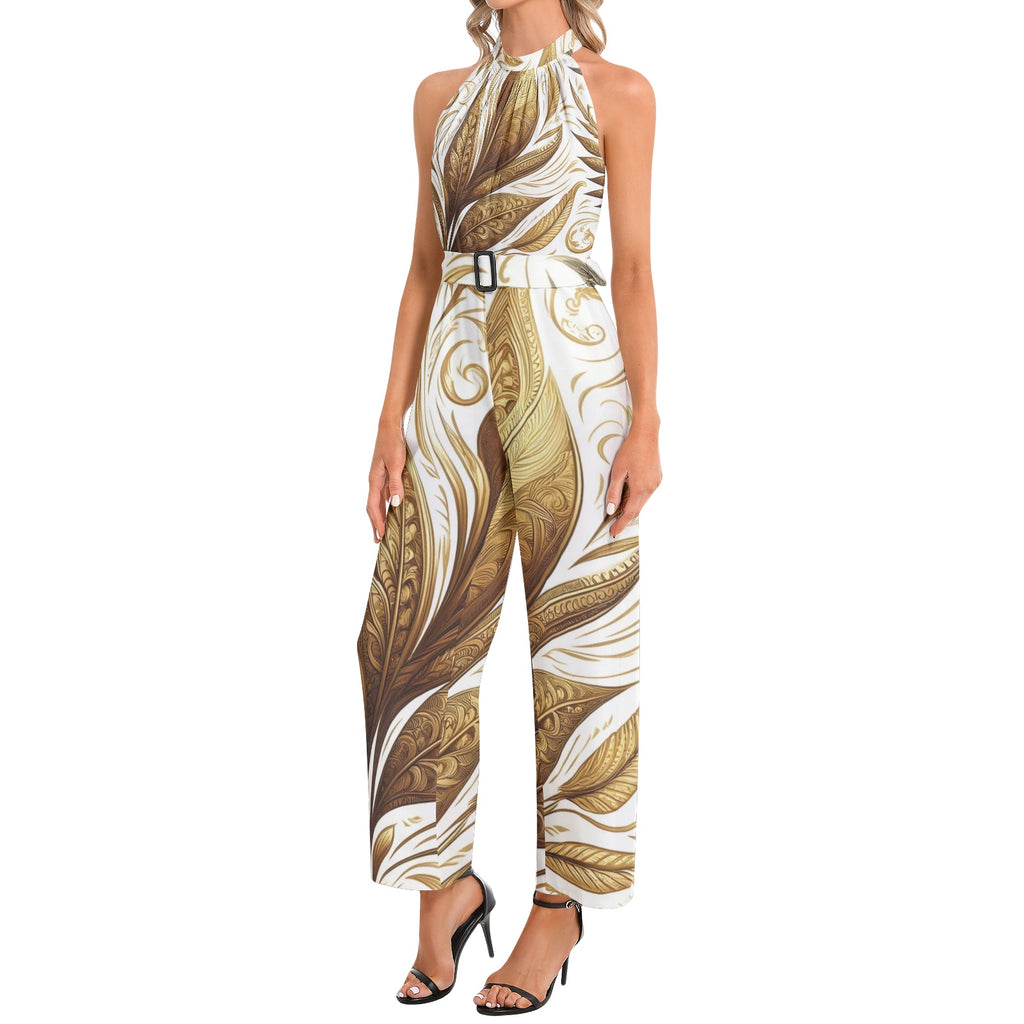 Golden Feathers Halter Neck Buckle Belted Jumpsuit