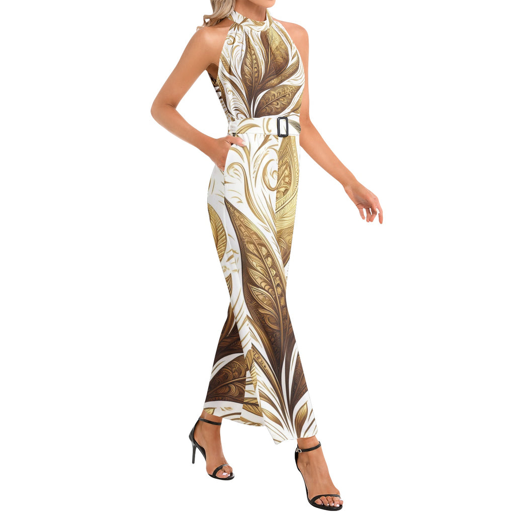 Golden Feathers Halter Neck Buckle Belted Jumpsuit