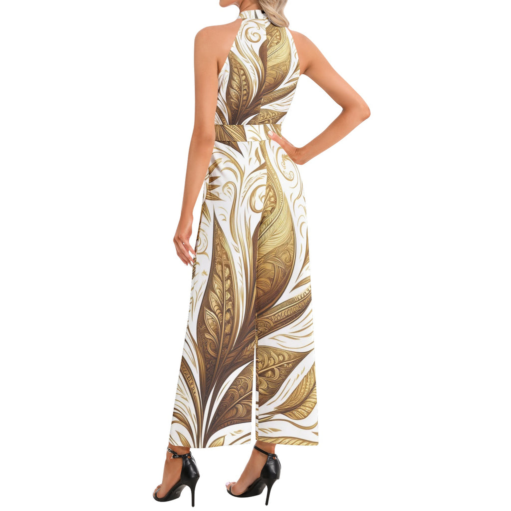 Golden Feathers Halter Neck Buckle Belted Jumpsuit