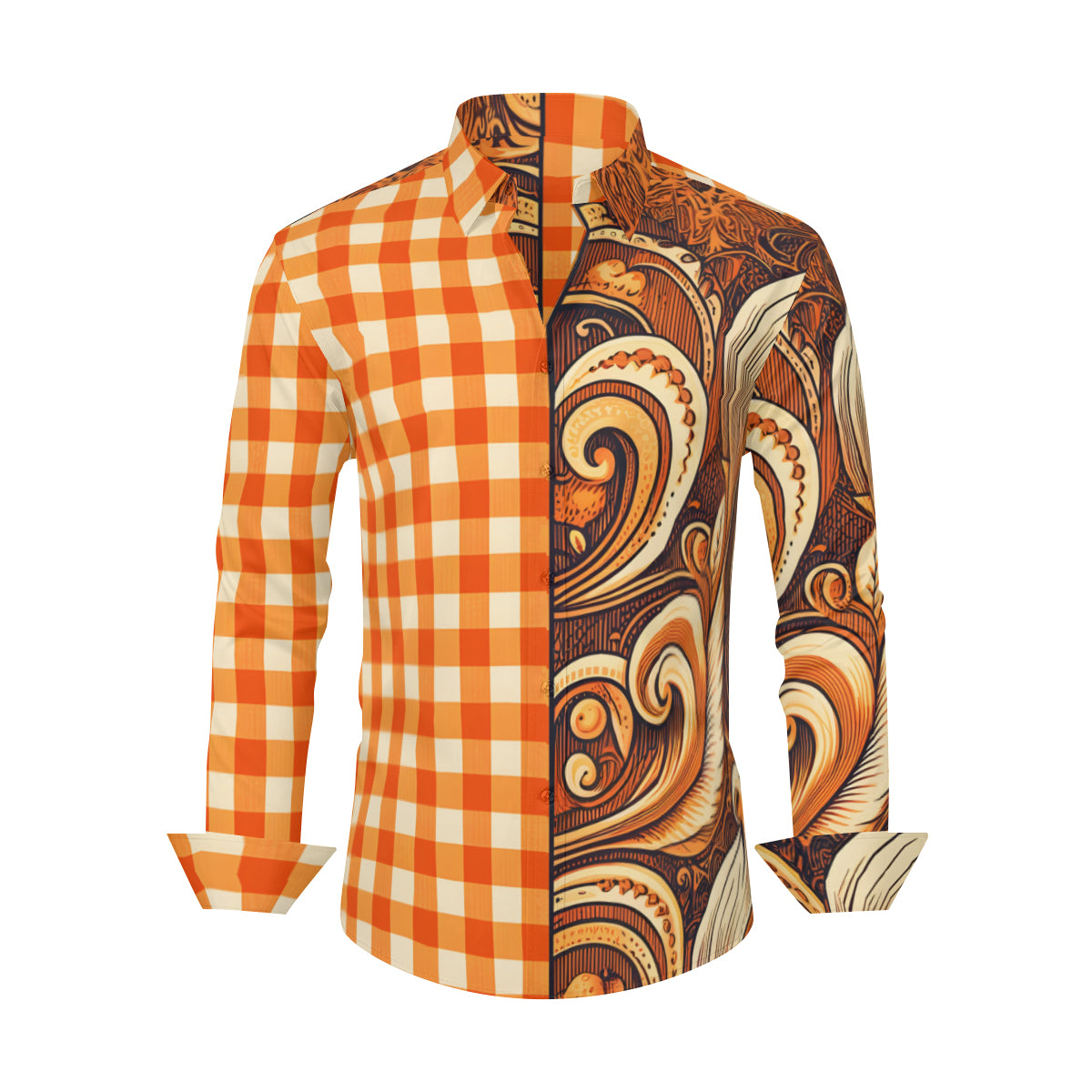 Orange Checked Long Sleeves Men's Shirt