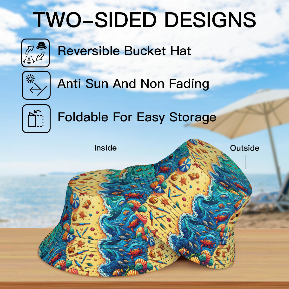 Ocean And Beach Double-Sided Unisex Polyester Bucket Hat