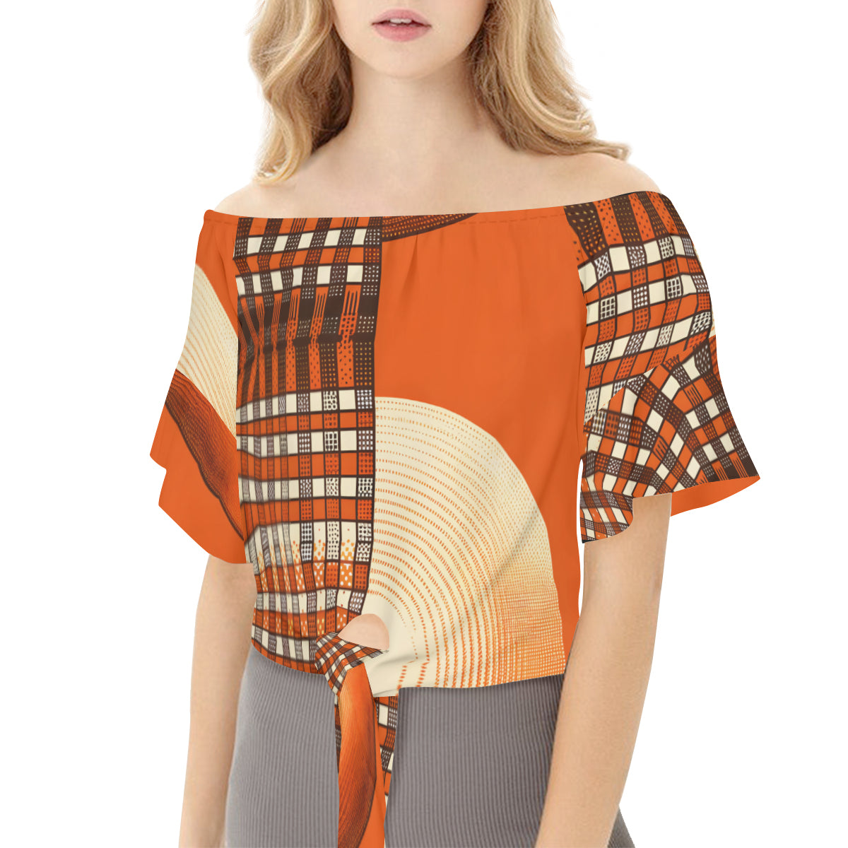 Orange Check One-Shoulder Tie Short Sleeves