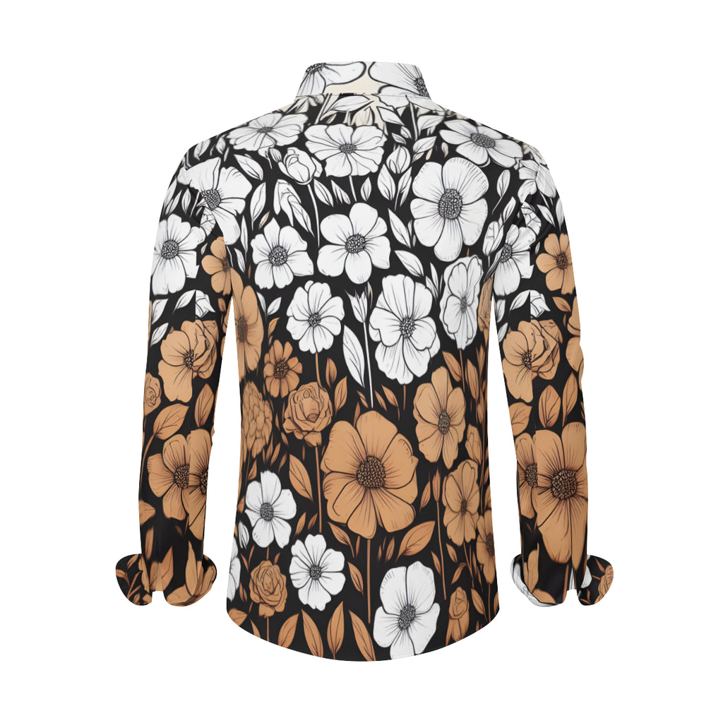 Brown And White Floral Men's Classic Long-Sleeved Shirt | Polyester