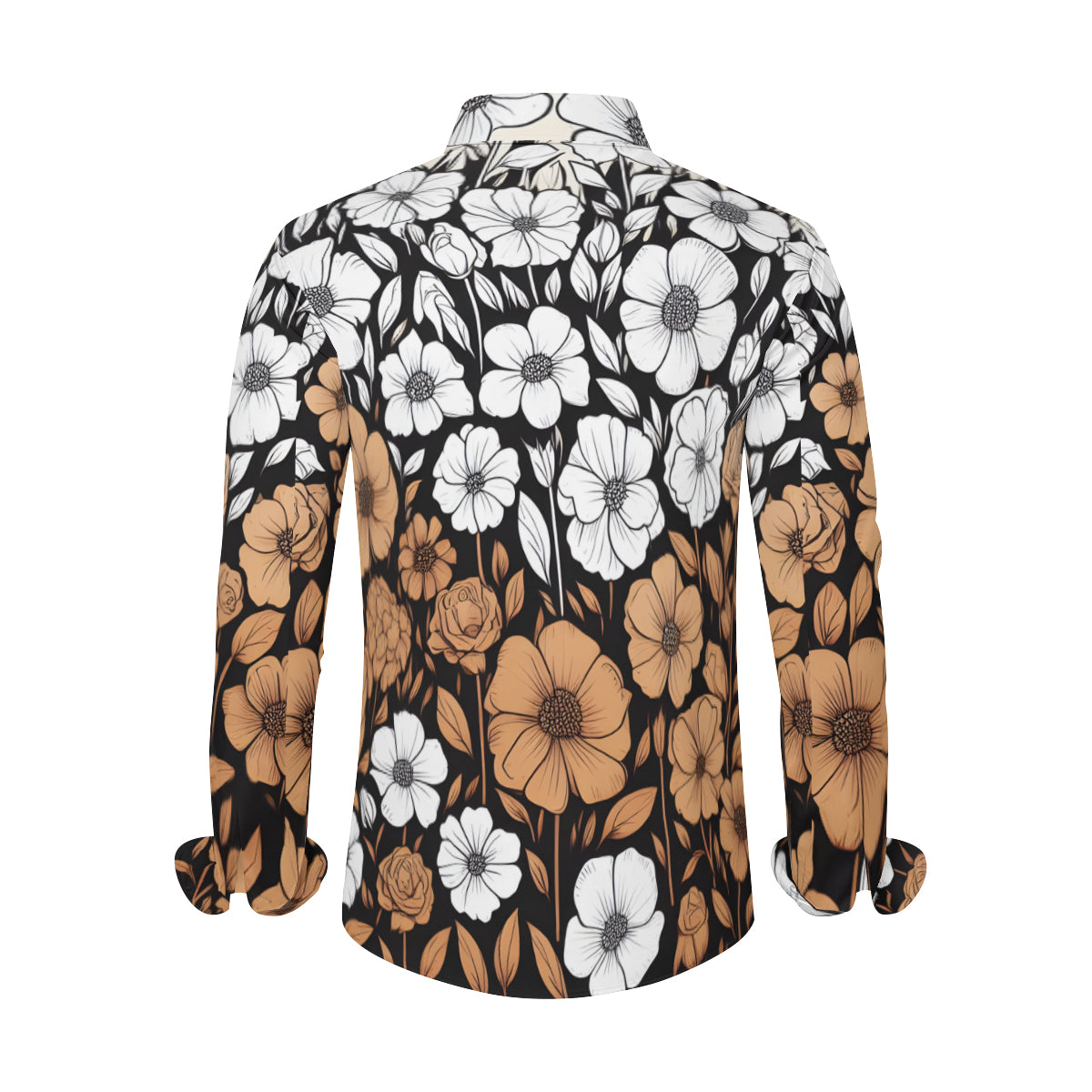 Brown And White Floral Men's Classic Long-Sleeved Shirt | Polyester