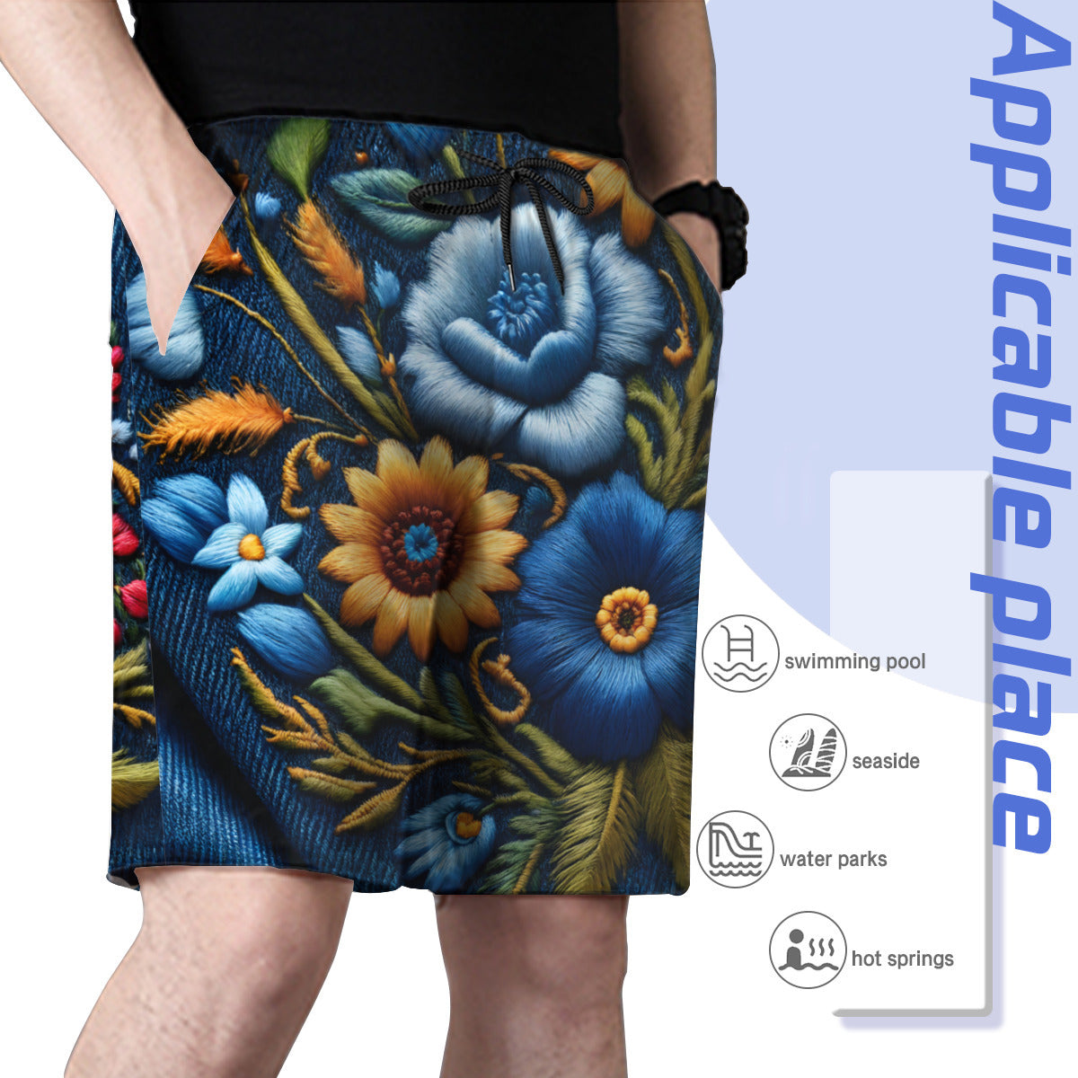 Floral Denim Men's Beach Shorts (Not Mesh Lined) | Polyester