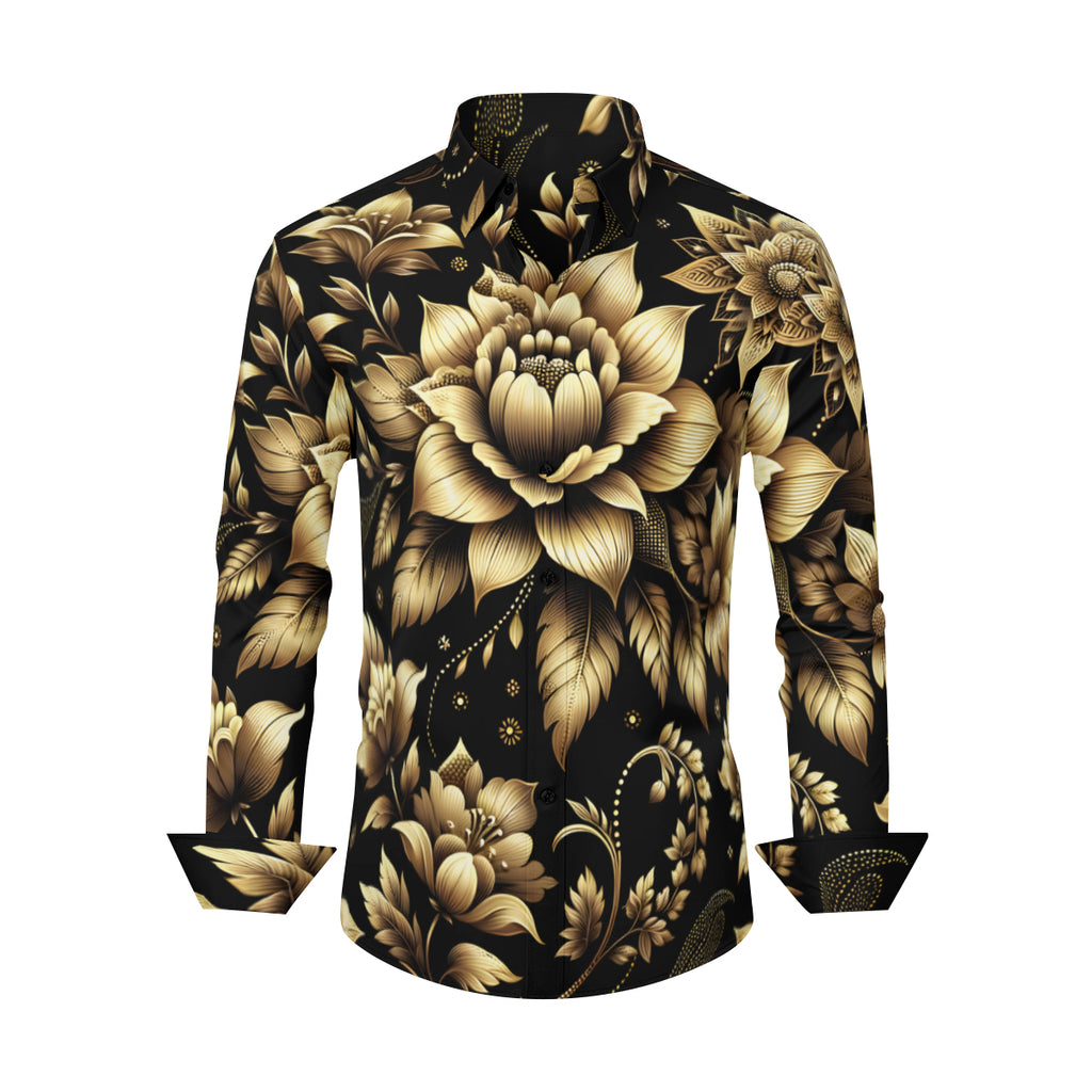 Gold Flowers  Men's Classic Long-Sleeves Polyester Shirt