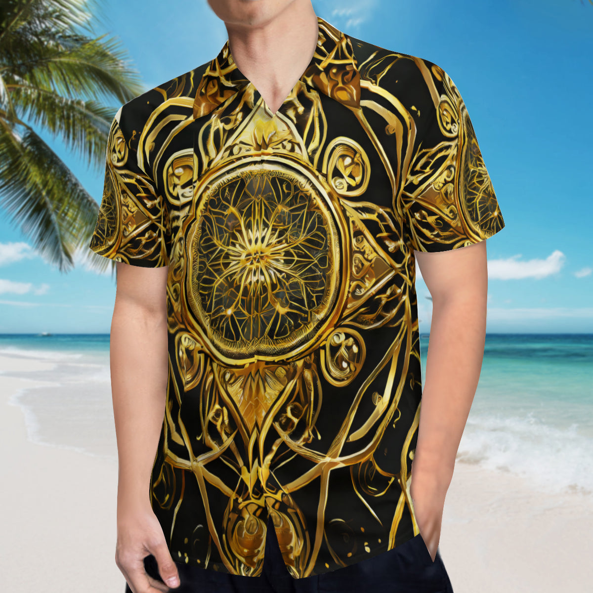Elegant Black And Gold Short Sleeves Men's Shirt
