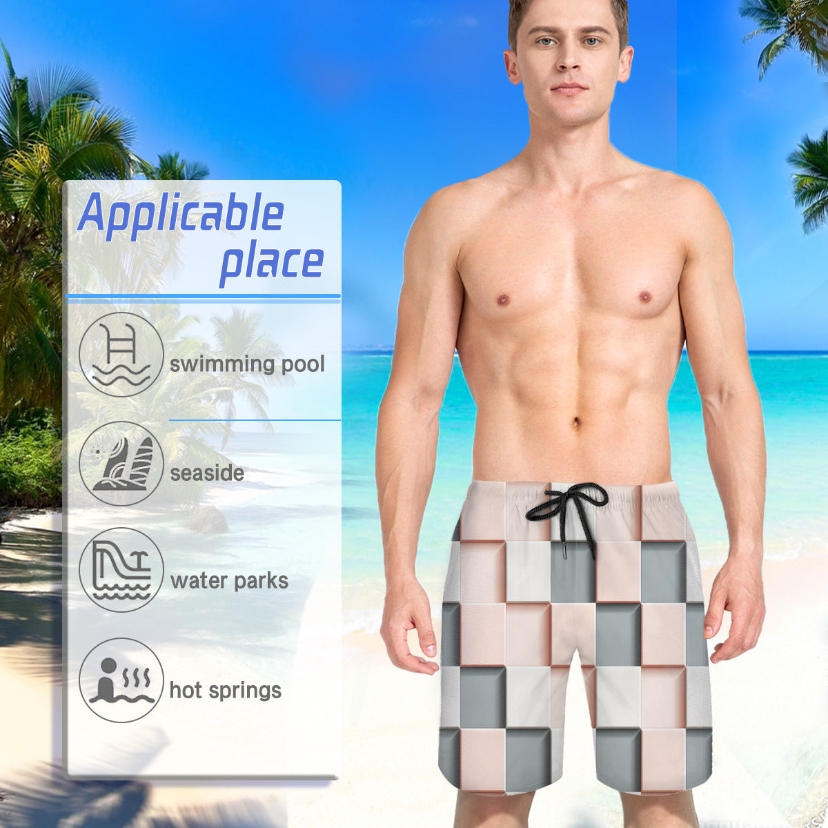 Abstract Square Men's Beach Shorts (Not Mesh Lined) | Polyester