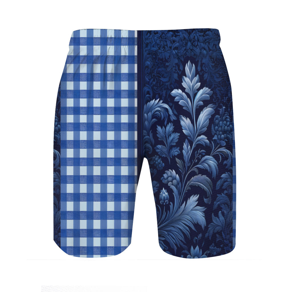 Blue Check Men's Beach Shorts (Not Mesh Lined) | Polyester