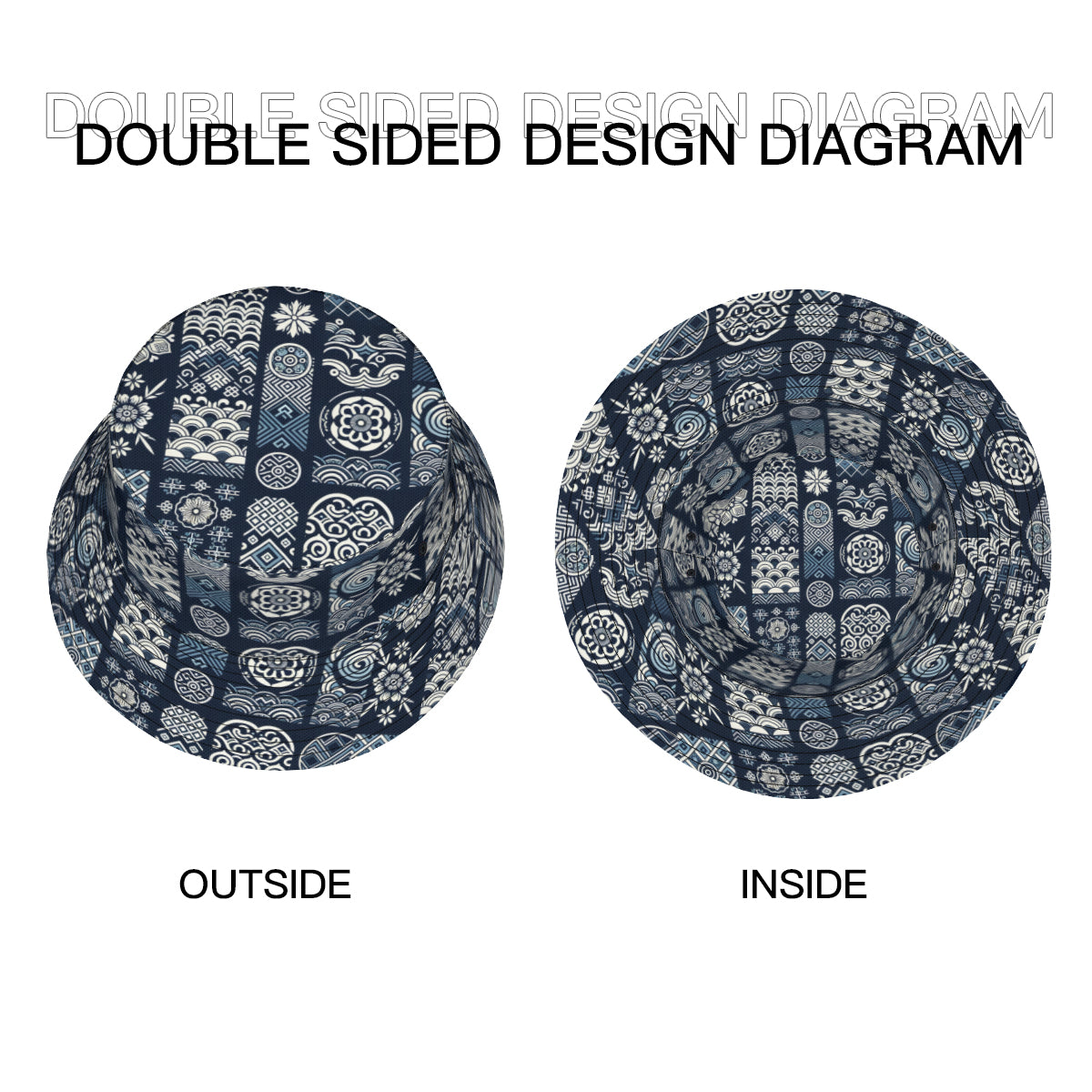 Navy Blue Geometric Shapes Double-Sided Unisex Polyester Bucket Hat