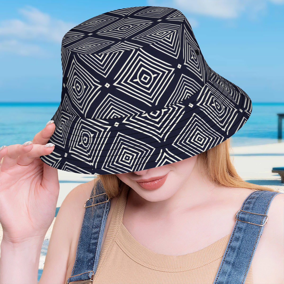 Navy Blue Geometric Shapes Double-Sided Unisex Polyester Bucket Hat