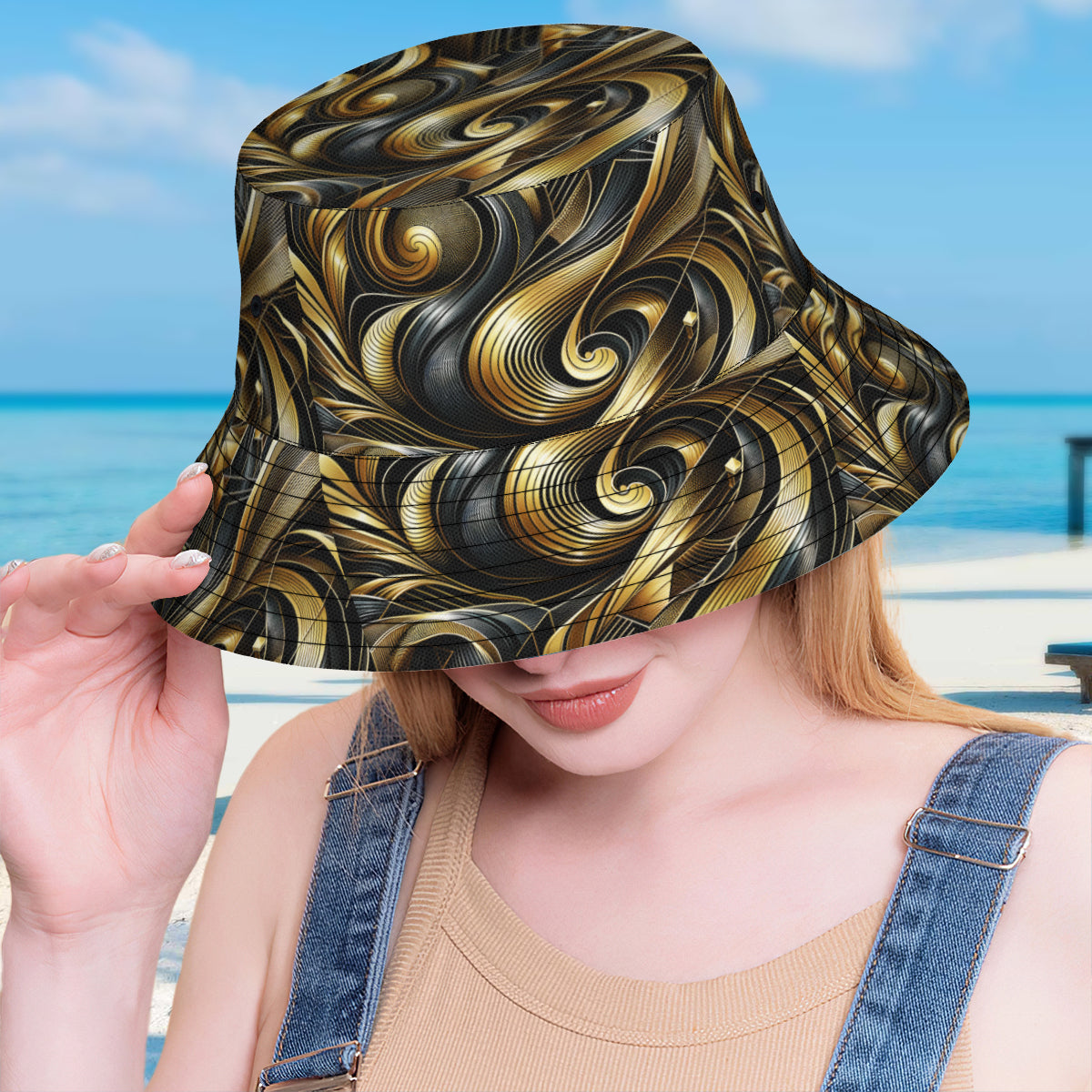 Abstract Gold Double-Sided Unisex Polyester Bucket Hat