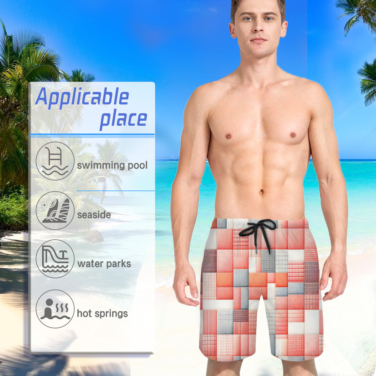 Pink Check Men's Beach Shorts (Not Mesh Lined) | Polyester
