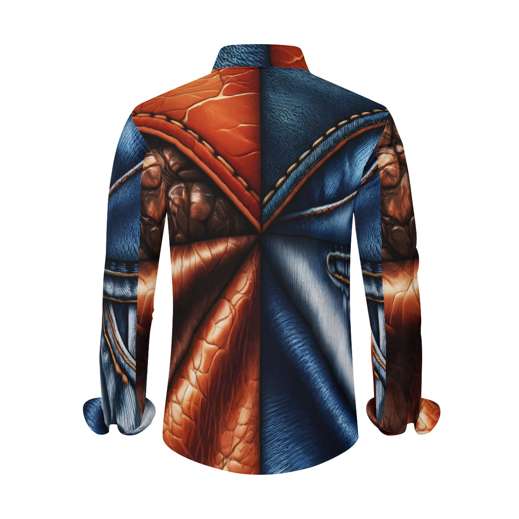Denim And Leather Design Long Sleeves Men's Shirt