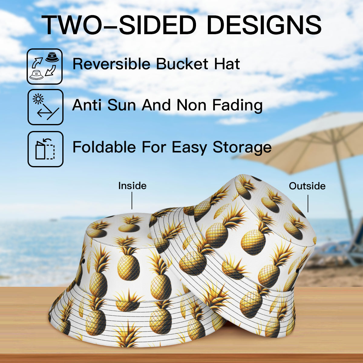 Golden Pineapple Double-Sided Unisex Polyester Bucket Hat