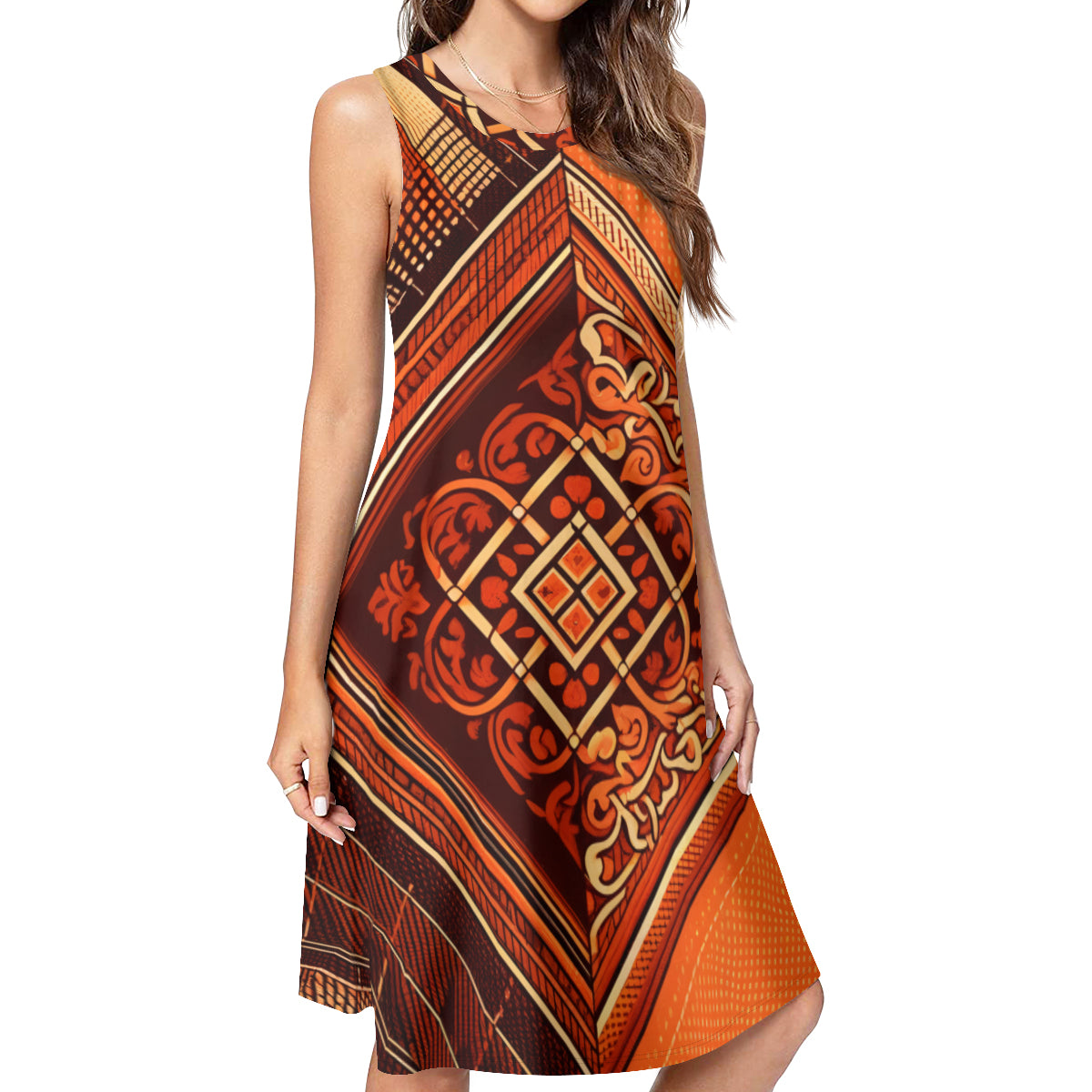 Orange Check Women's Casual Dress | Polyester