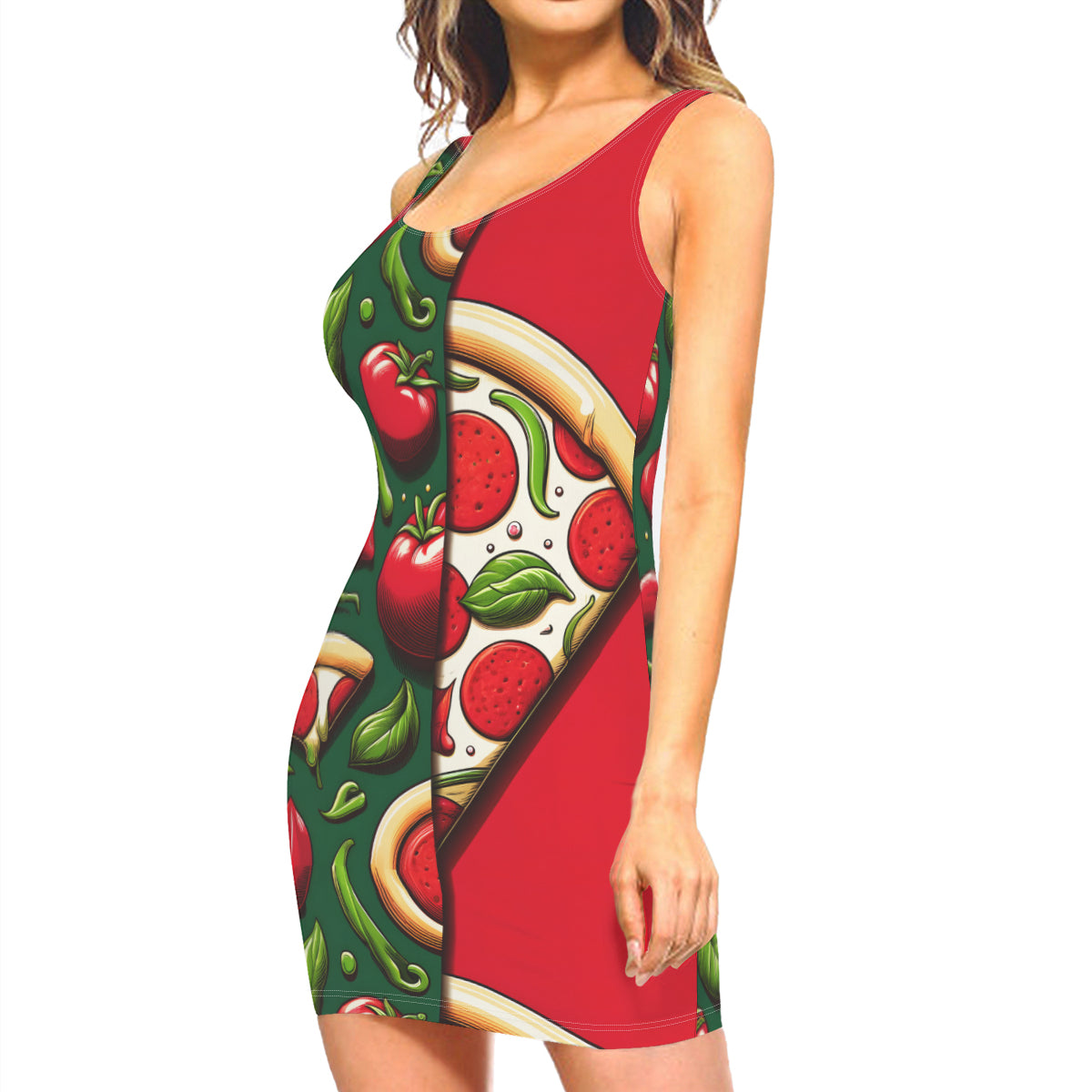 Pizza Sleeveless Slim-Fit Euro-Size Tank Slip Dress | Polyester
