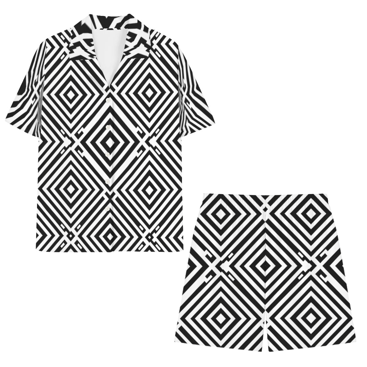 Black Geometric Shapes Men's Shirt and Shorts Set (Multi-faceted Design) | Cotton-Like Polyester