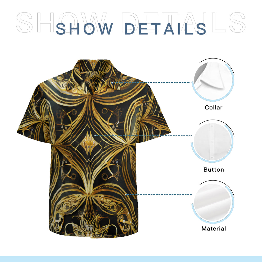 Gold On Black Pattern Short Sleeves Men's Shirt