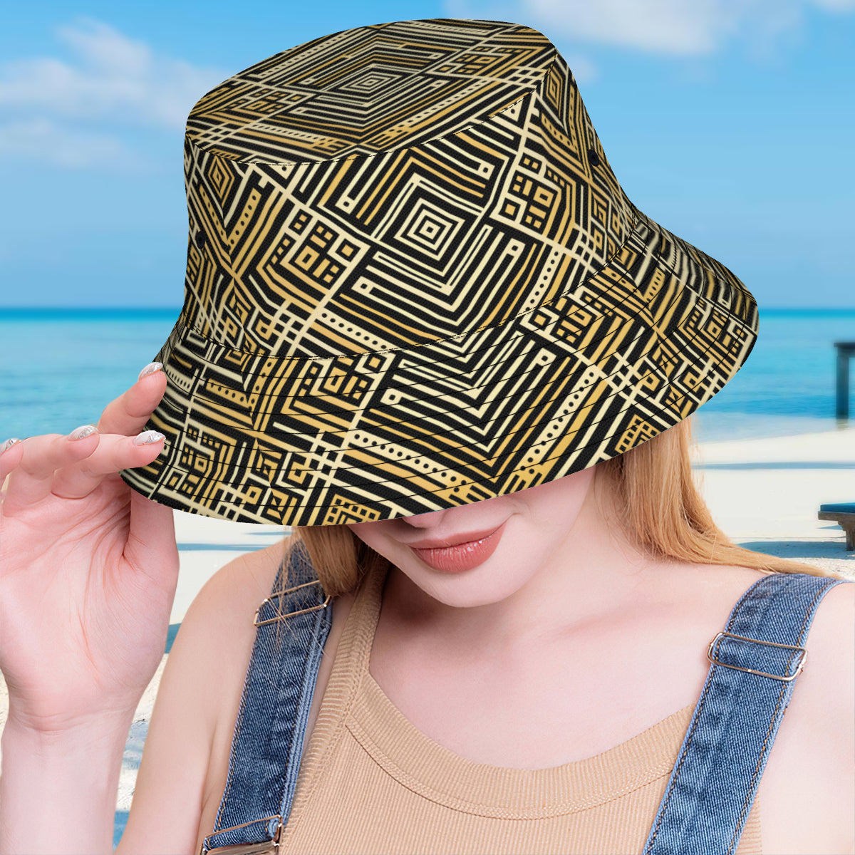 Golden Geometric Shapes Double-Sided Unisex Polyester Bucket Hat