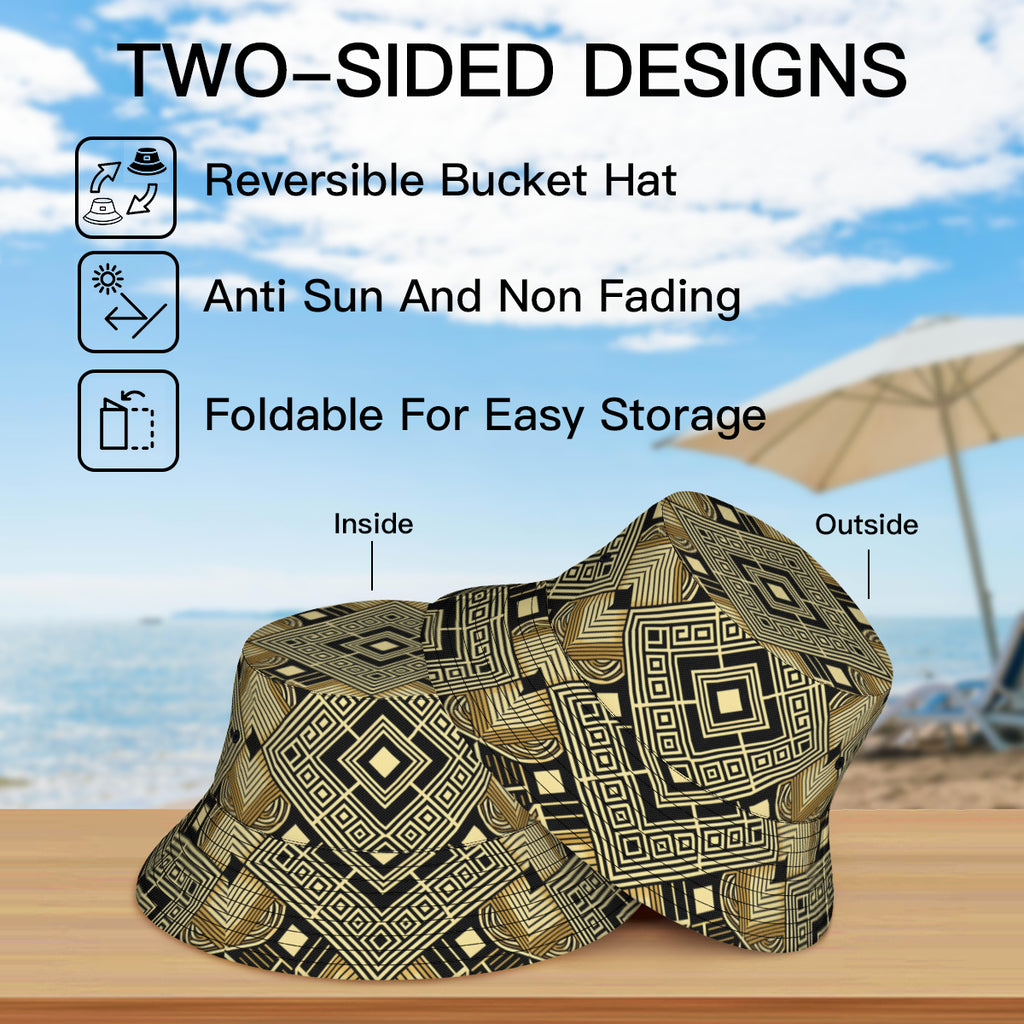 Golden Geometric Shapes Double-Sided Unisex Polyester Bucket Hat