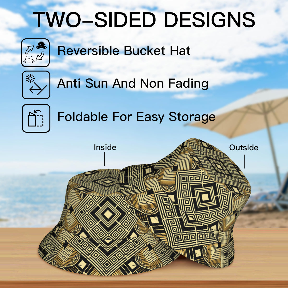 Golden Geometric Shapes Double-Sided Unisex Polyester Bucket Hat