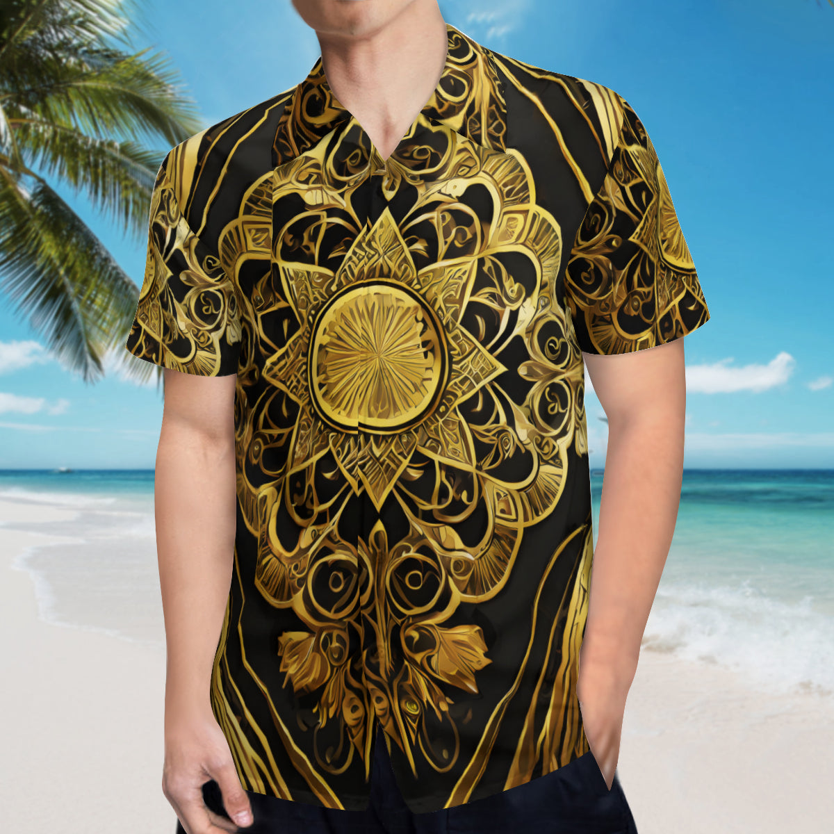 Elegant Black And Gold Short Sleeves Men's Shirt