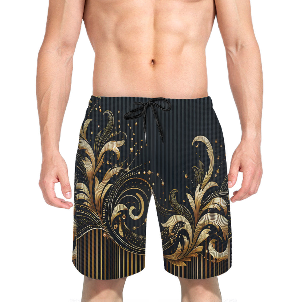 Elegant Gold Floral Men's Beach Shorts (Not Mesh Lined) | Polyester