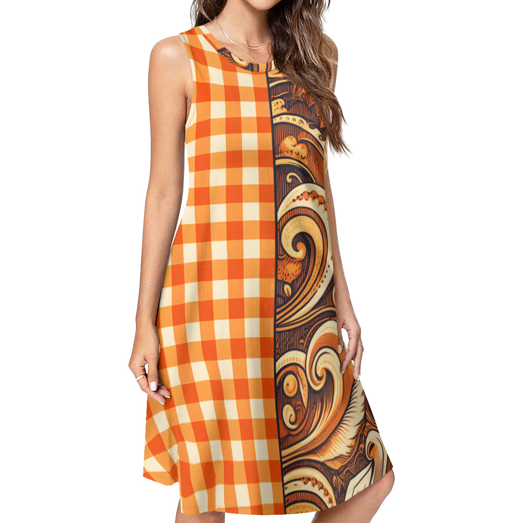 Orange Check Women's Casual Dress | Polyester