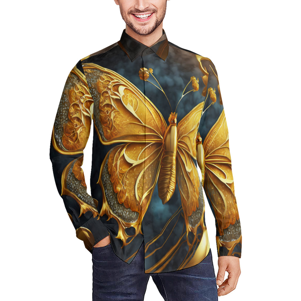 Golden Buterfly Men's Classic Long-Sleeved Shirt | Polyester